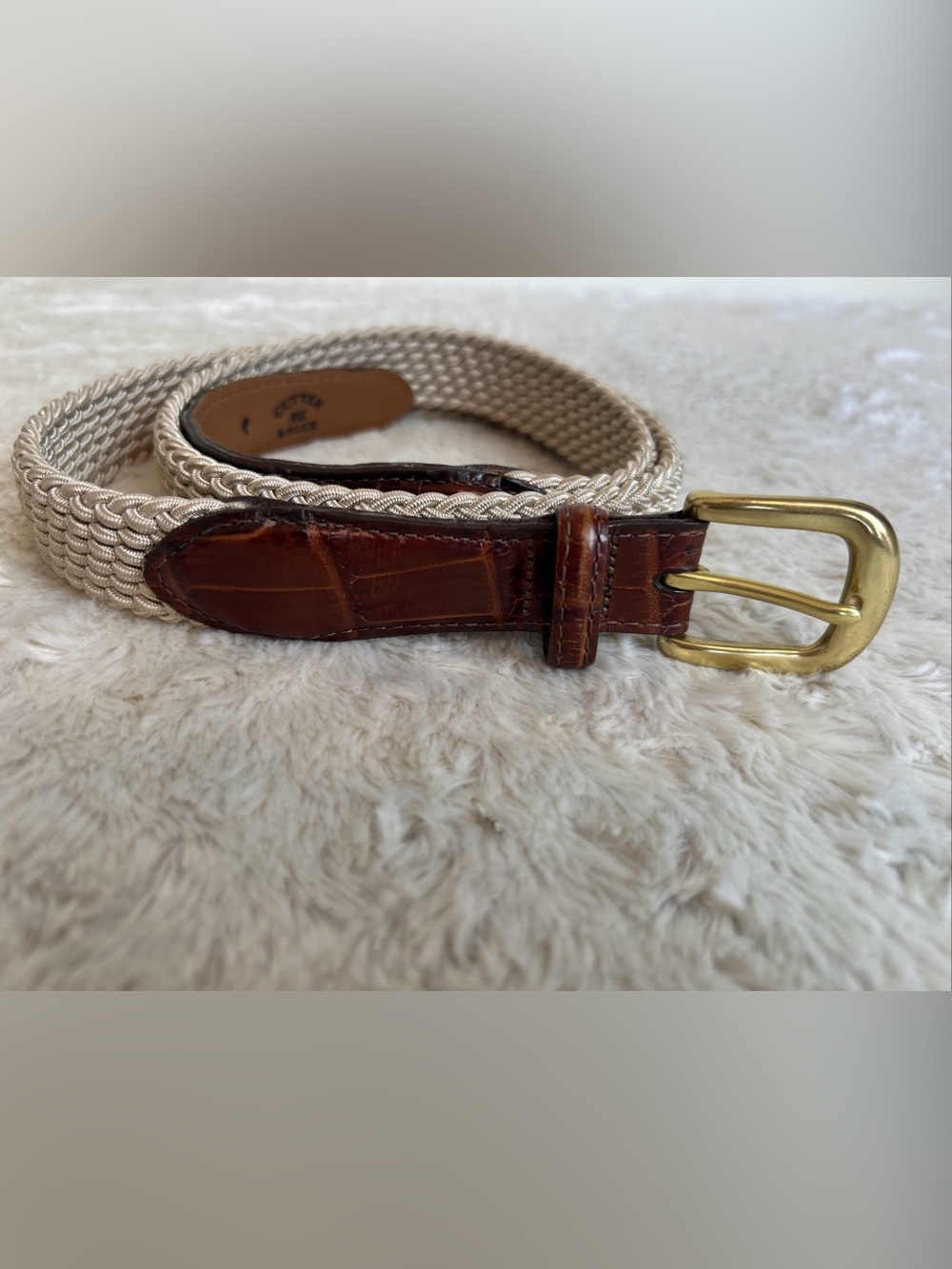 Brighton Elastic Cord Croco Tab Taper Belt Men's 40 Beige Brass Buckle